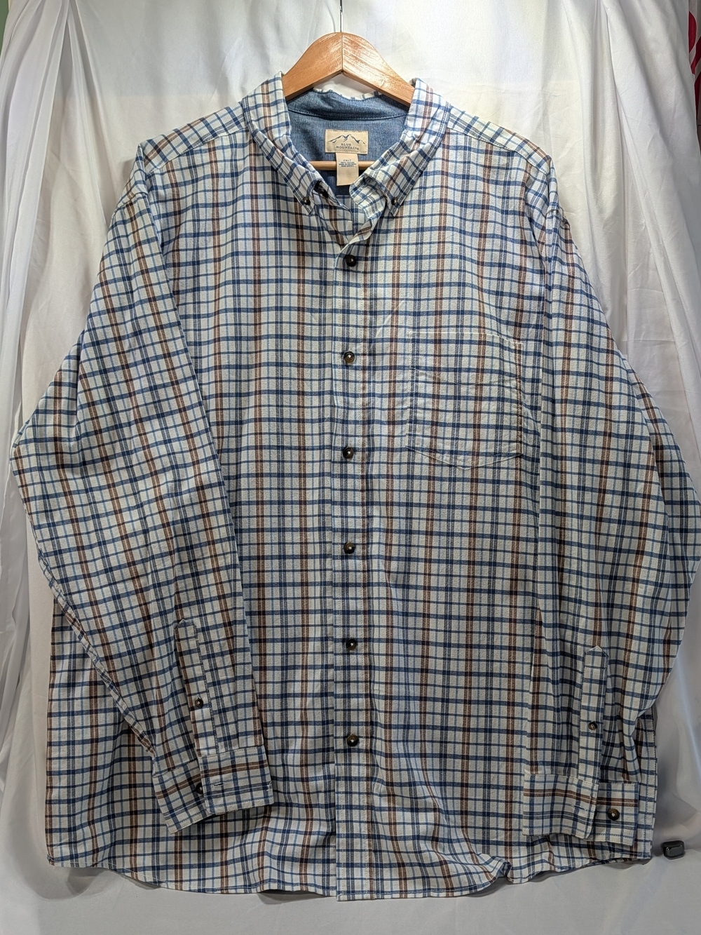 Blue Mountain Classic Men’s Blue and Brown Plaid Flannel Button-Up Shirt 2XLT